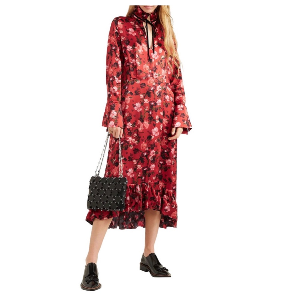 Mother of Pearl Adelaide ruffled floral print velvet trim silk charmeuse dress